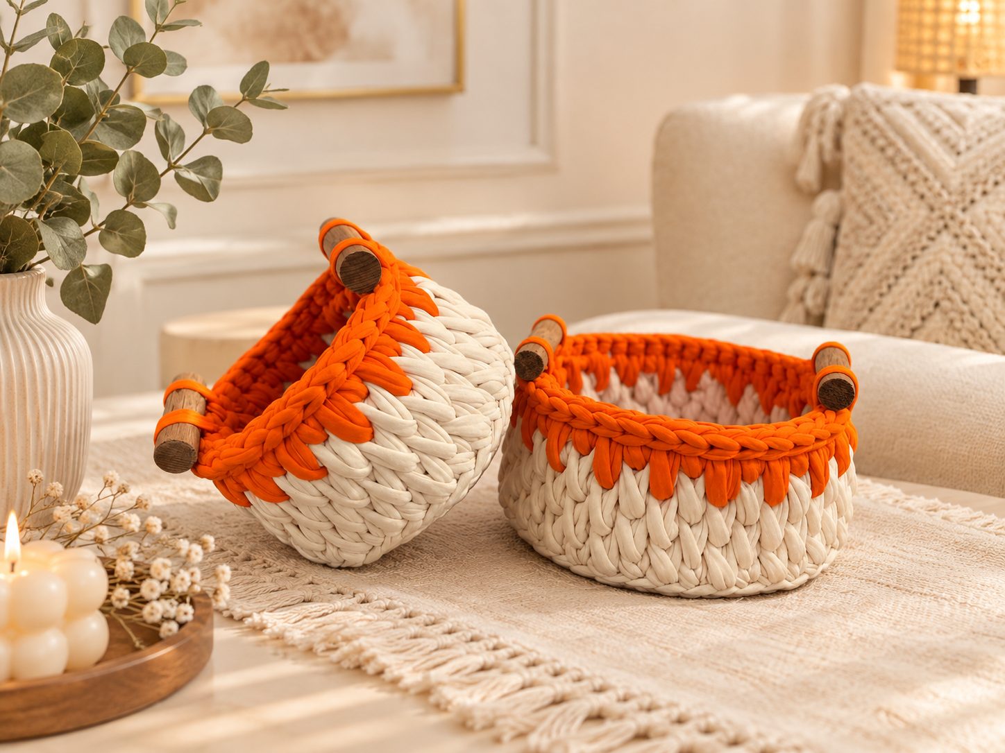 Hand-Knitted Yarn Basket Set, Two Pieces