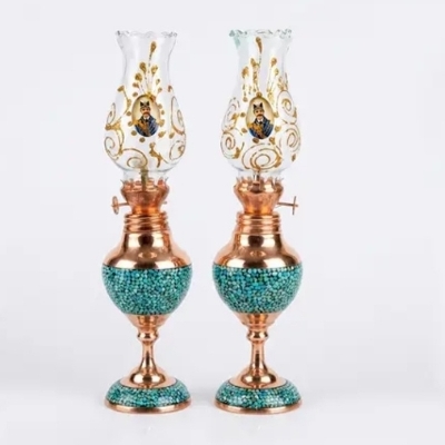 Pair of Enameled Copper Oil Lamps