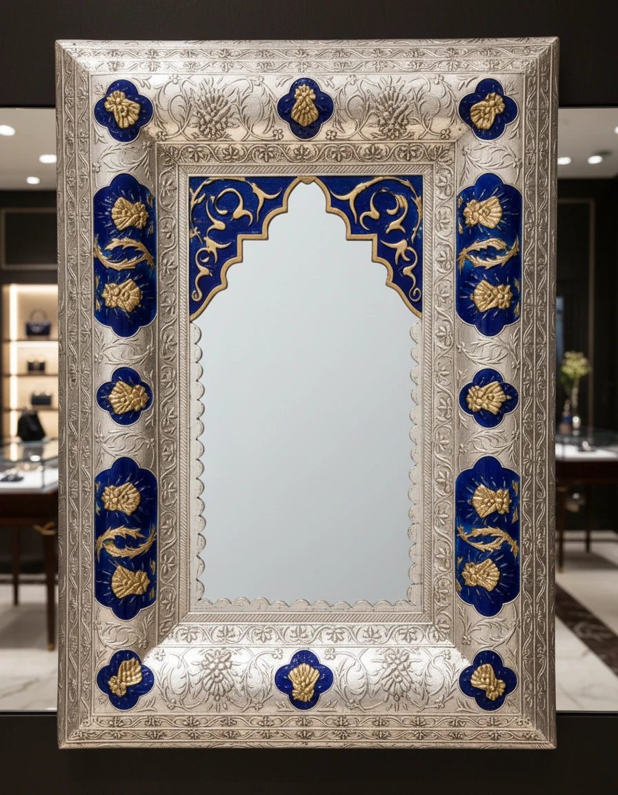 Handcrafted 995 Silver-Plated Mirror with Blue and Gold Enamel Art