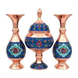 Enameled Copper Vase & Candy Dish Set, 3-Piece with Box